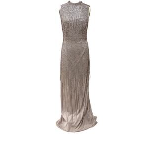 Adrianna Papell Dress Womens 12 Beige Sequin Beaded Mock Neck Long Formal Gown